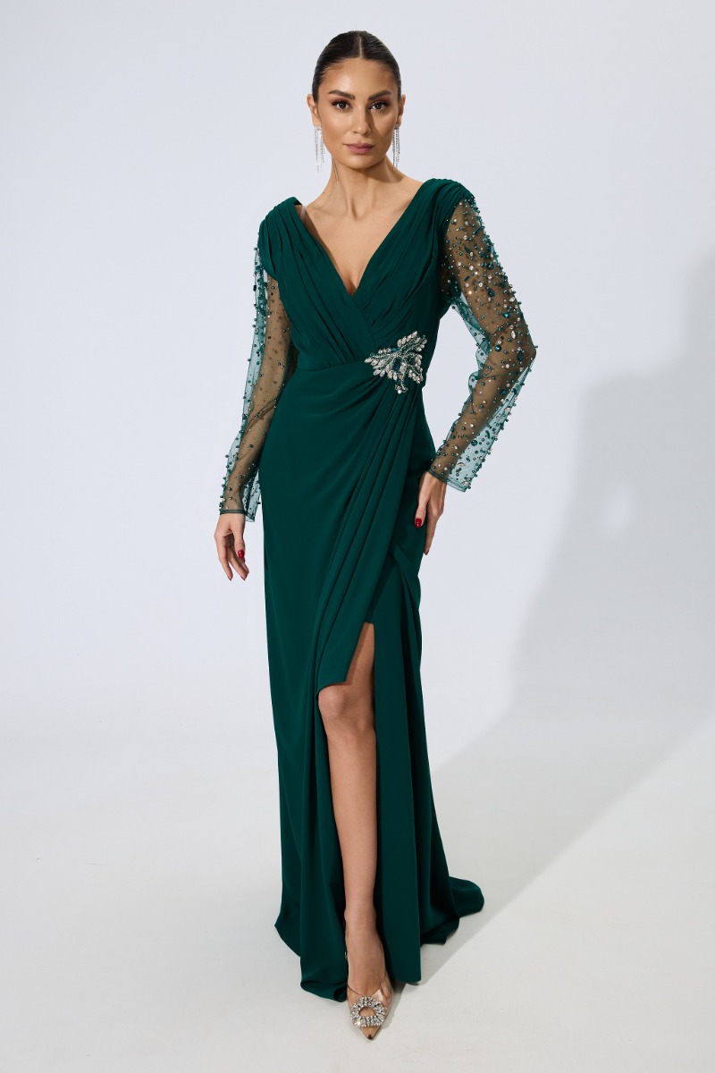 Rochie de ocazie premium cu croi petrecut si maneci din tull cu strass-uri Eleftheria Verde