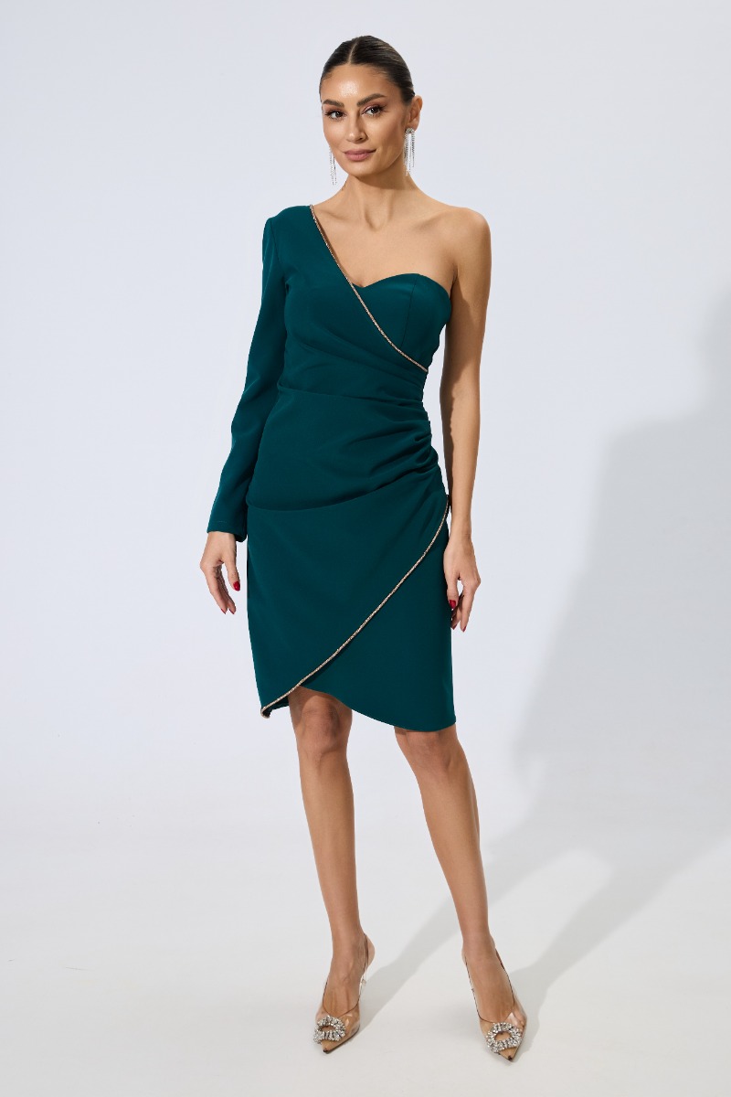 Rochie de ocazie din crepe cu model one shoulder si strass-uri Brielle Verde