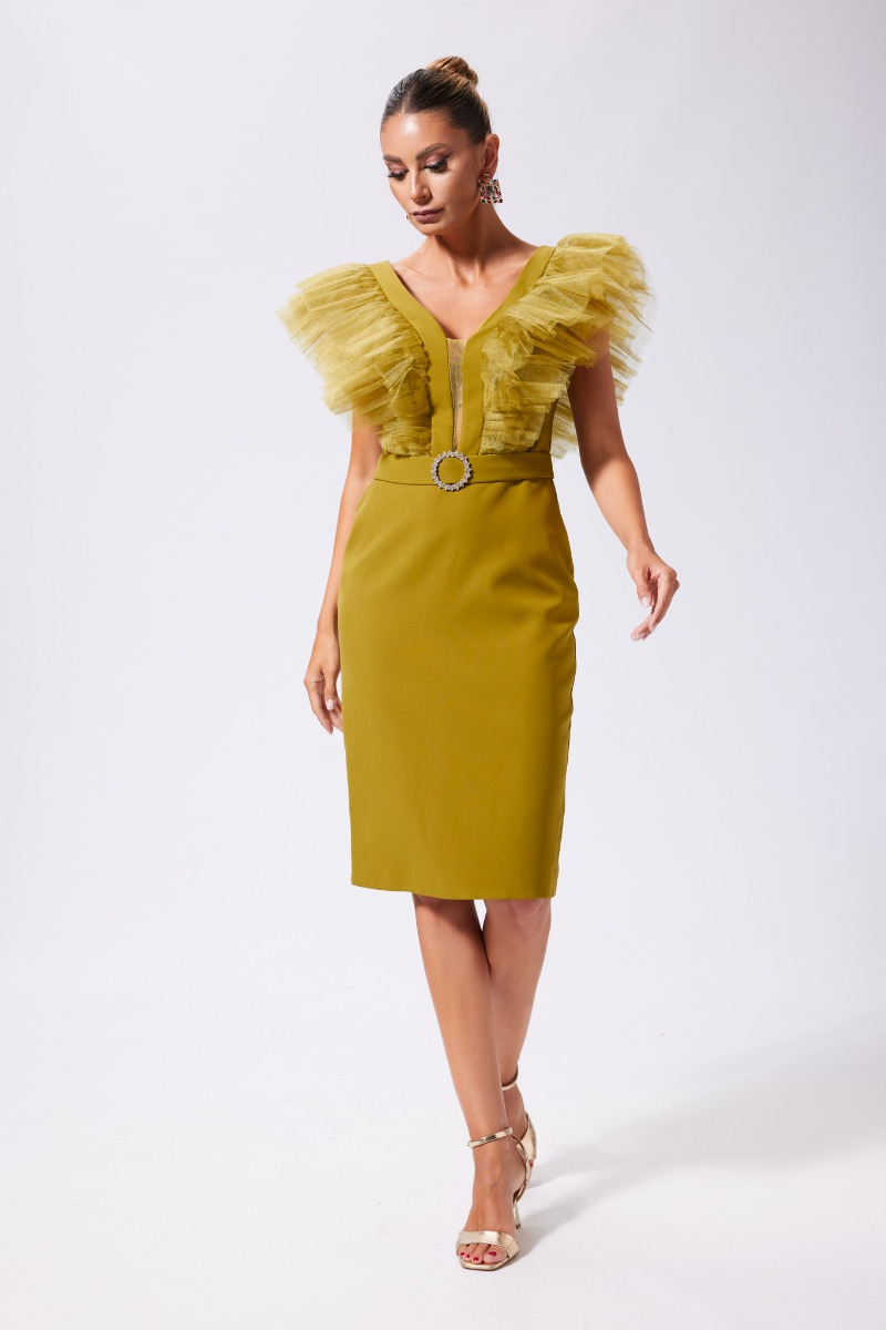 Rochie eleganta din crepe cu volanase din tull Yamada Olive