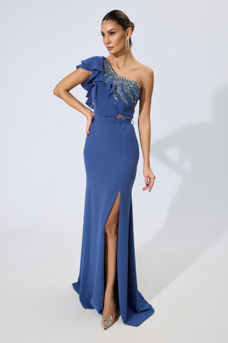 Rochie de ocazie tip one shoulder cu crepeu pe un picior Million Indigo