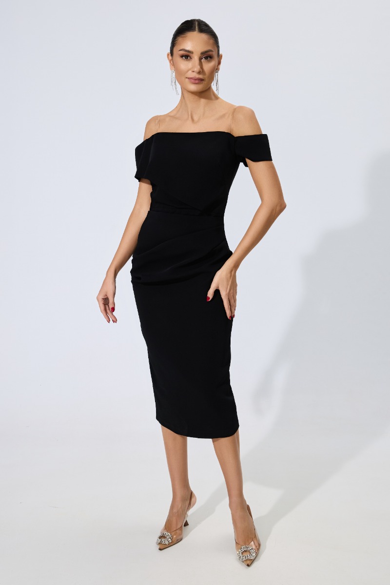 Rochie de ocazie midi cu pliuri si maneci lasate Nova Neagra