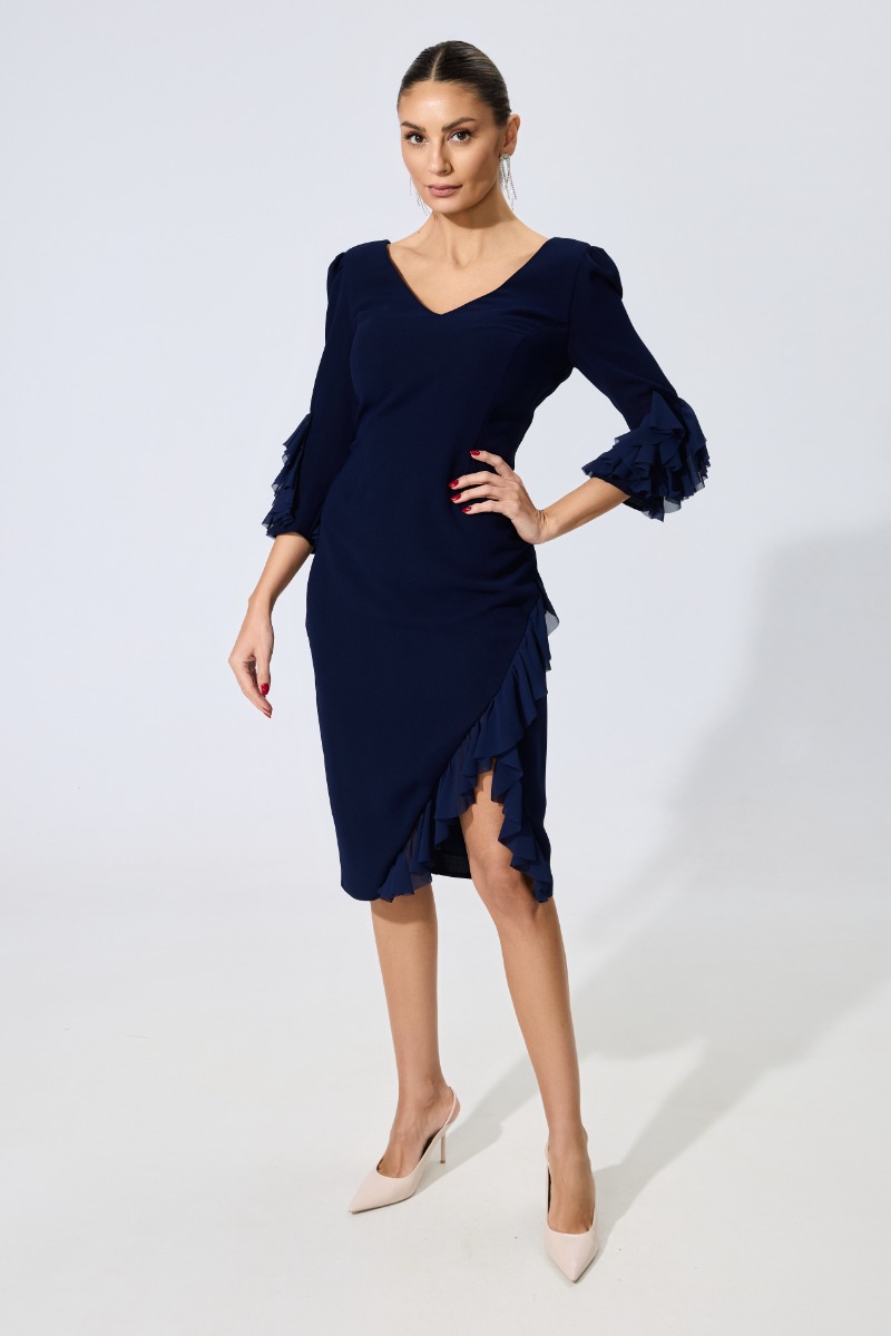 Rochie de ocazie din crepe cu volane Cleo Bleumarin