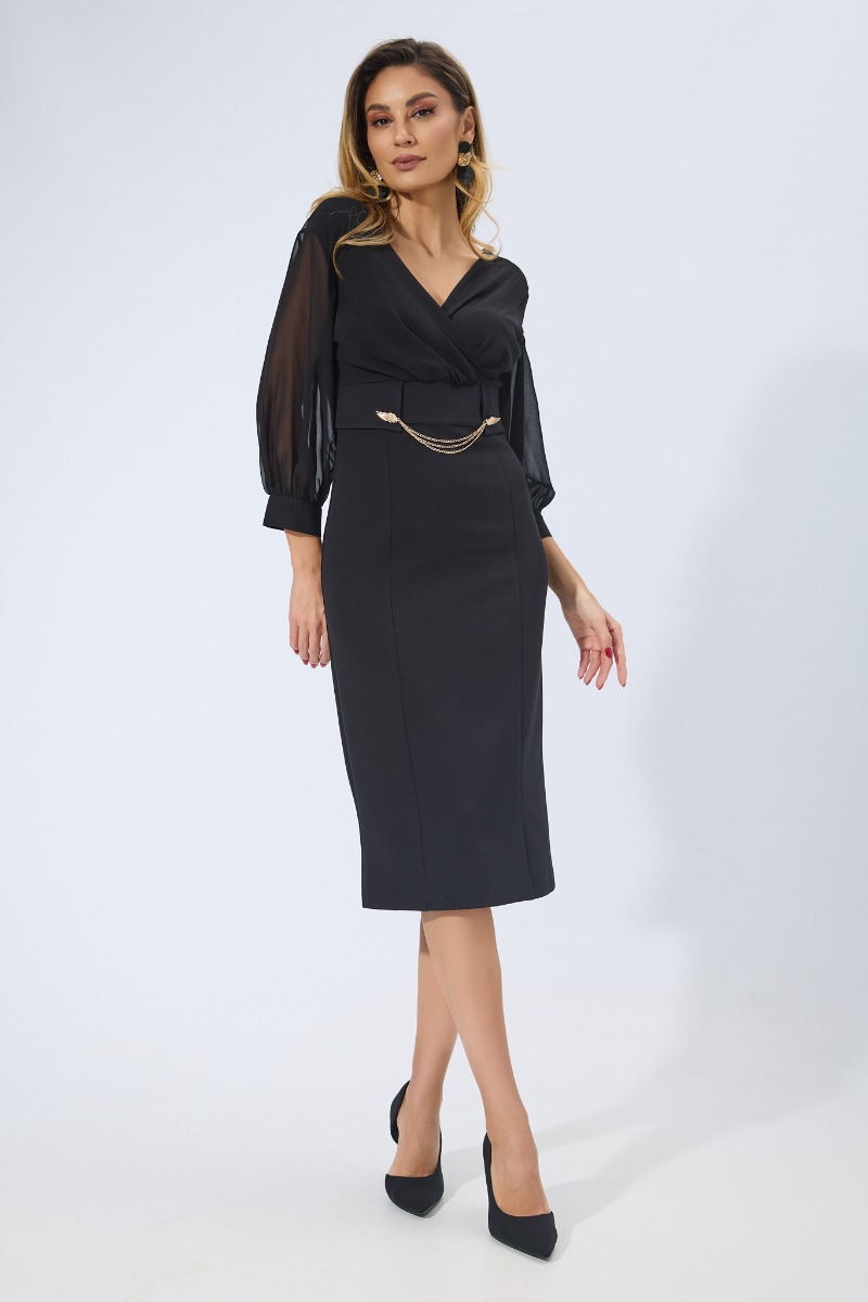 Rochie de ocazie din crepe si voal cu lant auriu in talie Nevara Neagra