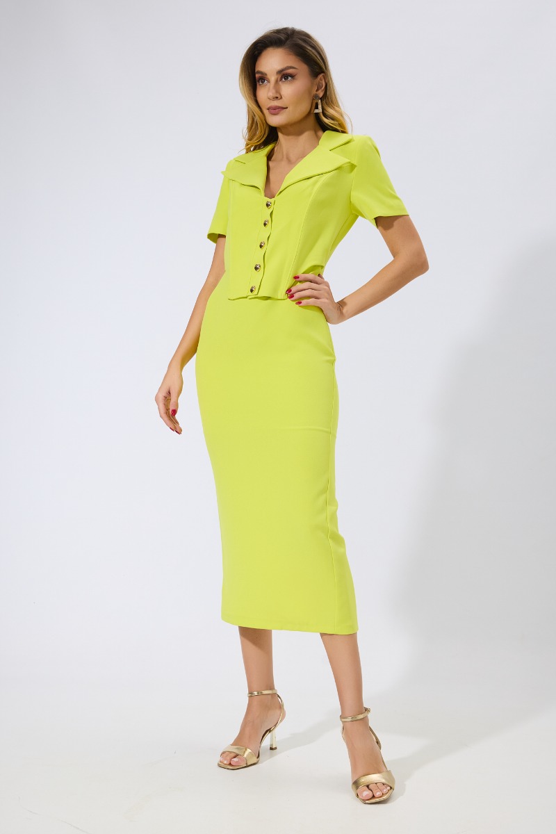 Rochie eleganta midi cu butoni si maneci scurte Dominga Lime