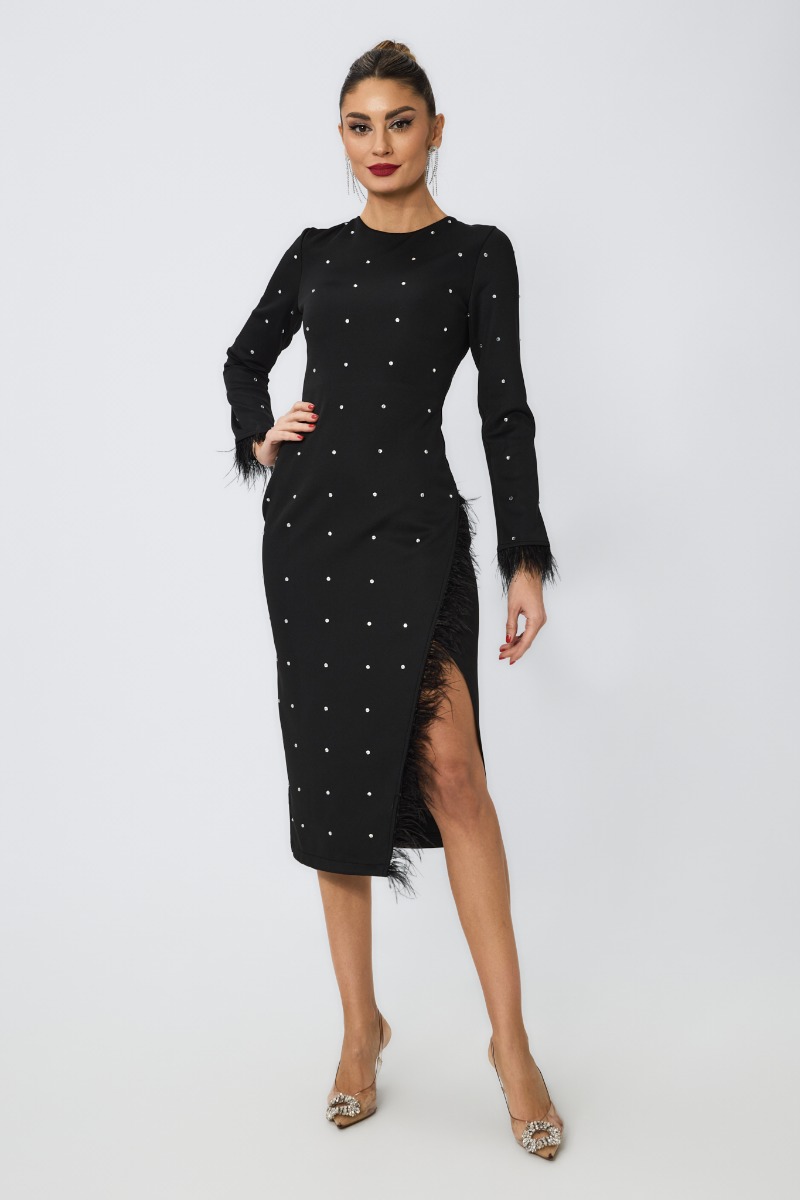 Rochie de ocazie din crepe cu strass-uri si pene Connie Neagra