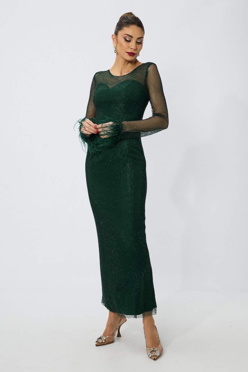 Rochie de ocazie premium din plasa cu strass-uri si pene Select Verde