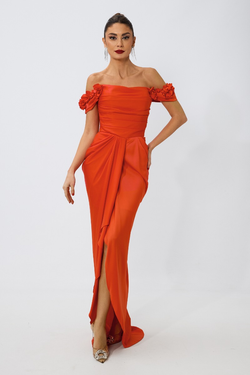 Rochie de ocazie premium asimetrica cu flori 3D Sammera Orange